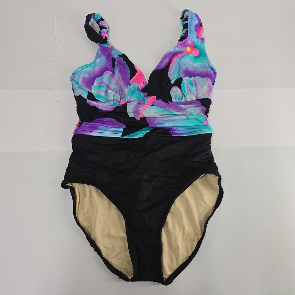 Vintage‎ One Piece Swimsuit Women 12 Floral Black V Neck Ruched
